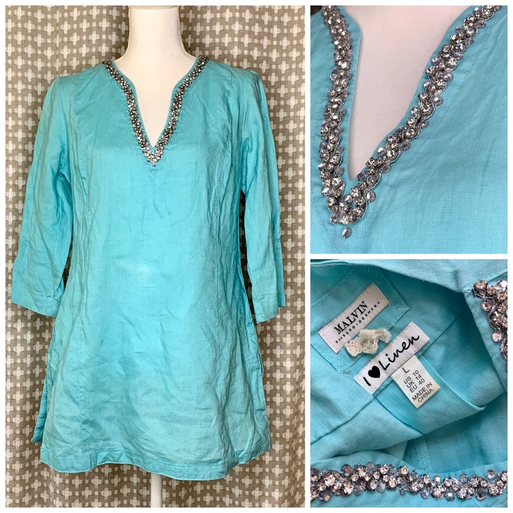 MALVIN 100% Linen Blue Tunic Crystal Embellish L